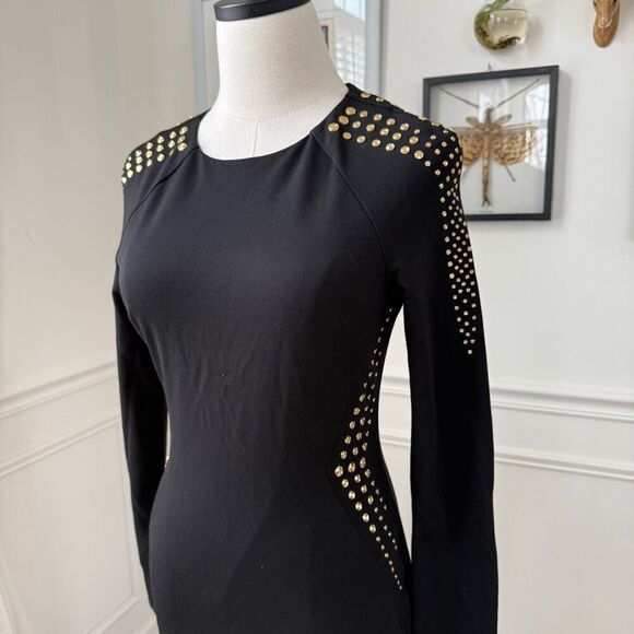 Cache Gold Stud Sheath Dress Long Sleeve LBD Dress 6 - Picture 2 of 8